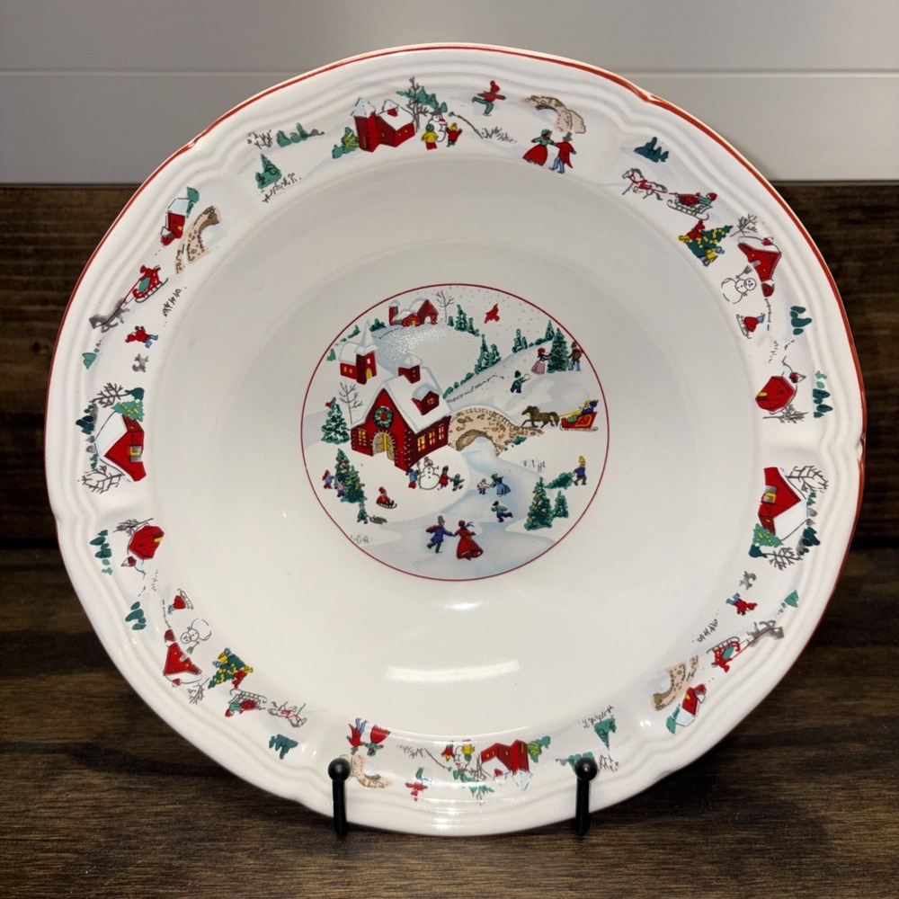 Farberware White Christmas Serving Bowl Red Trim Snow Scene #391
